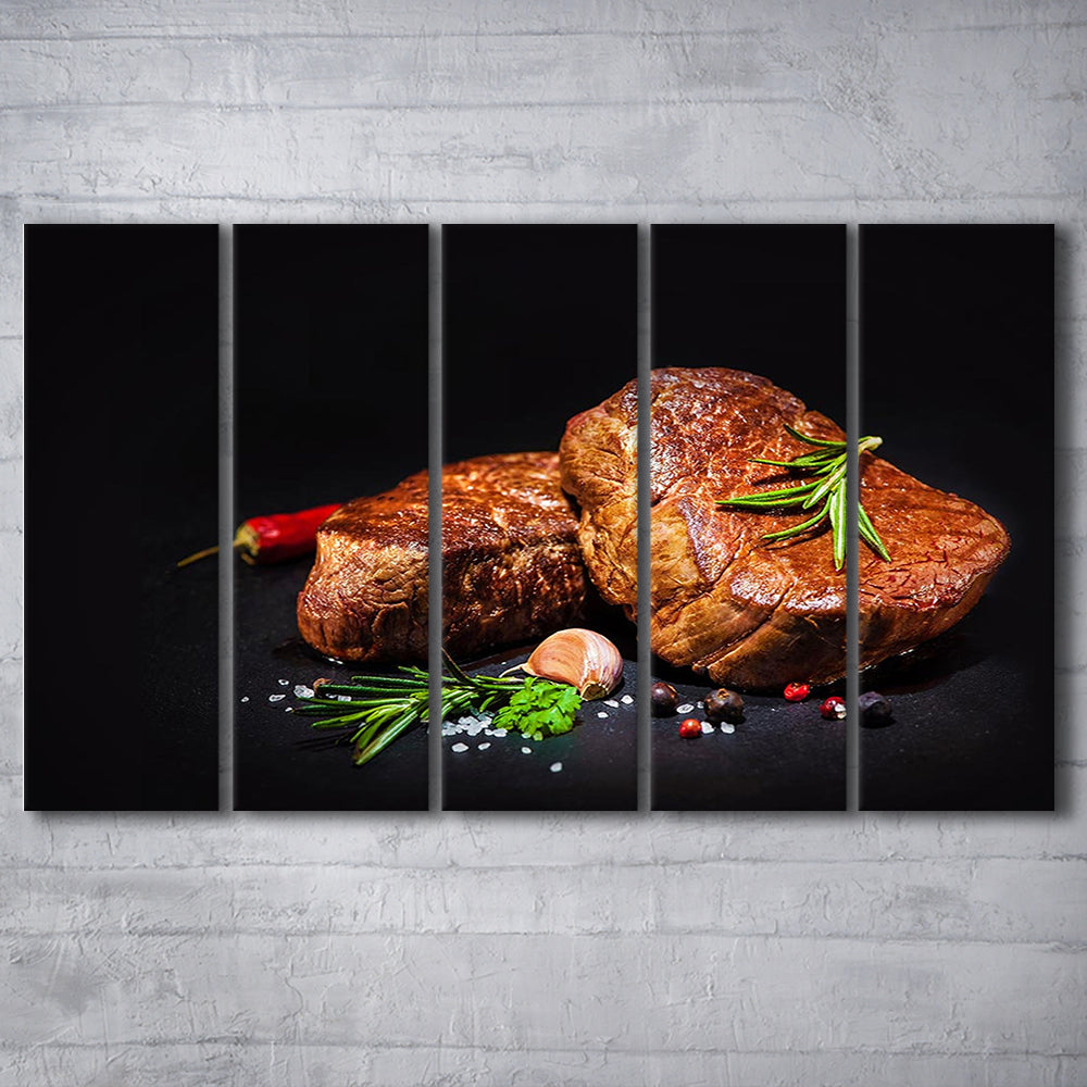 Steaks with Spices on a Black Background, Kitchen Wall Art, Food Canvas Print, 5 Piece B Extra Large Cavas Print Wall Art