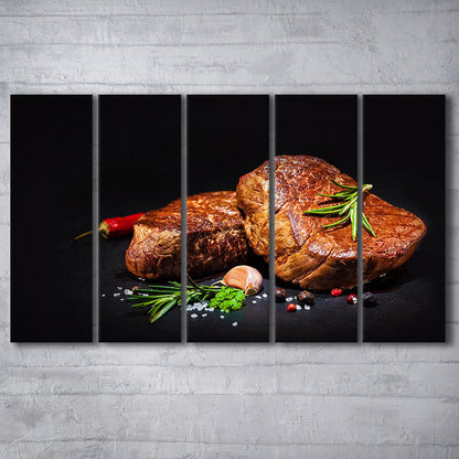 Steaks with Spices on a Black Background, Kitchen Wall Art, Food Canvas Print, 5 Piece B Extra Large Cavas Print Wall Art