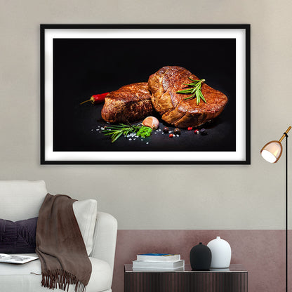 Steaks With Spices On A Black Background, Kitchen Wall Art, Food Art Print, Framed Art Print White Border