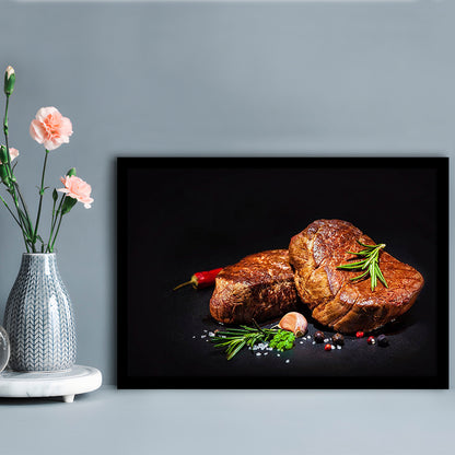 Steaks With Spices On A Black Background, Kitchen Wall Art, Food Art Prints, Framed Art Print, Picture Framed