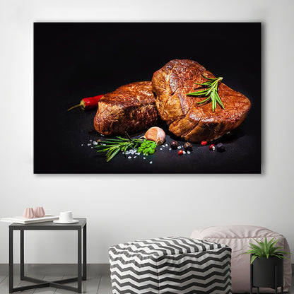 Steaks with Spices on a Black Background, Kitchen Wall Art, Food Canvas Print, Cavas Print Wall Art Hom Decor