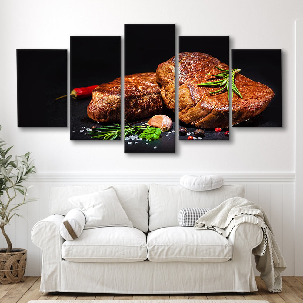 Steaks with Spices on a Black Background, Kitchen Wall Art, Food Canvas Print, 5 Piece Large Cavas Print Wall Art