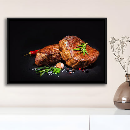 Steaks With Spices On A Black Background, Kitchen Wall Art, Food Canvas Print, Framed Cavas Print, Floating Frame