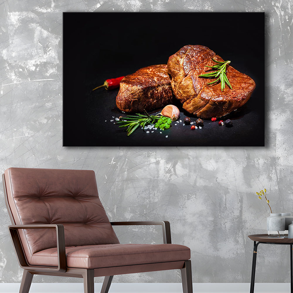 Steaks with Spices on a Black Background, Kitchen Wall Art, Food Canvas Print, Cavas Print Wall Art Hom Decor