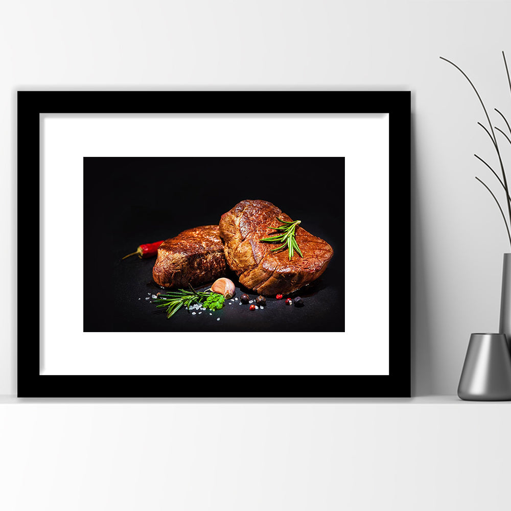 Steaks With Spices On A Black Background, Kitchen Wall Art, Food Art Print, Framed Art Print White Border