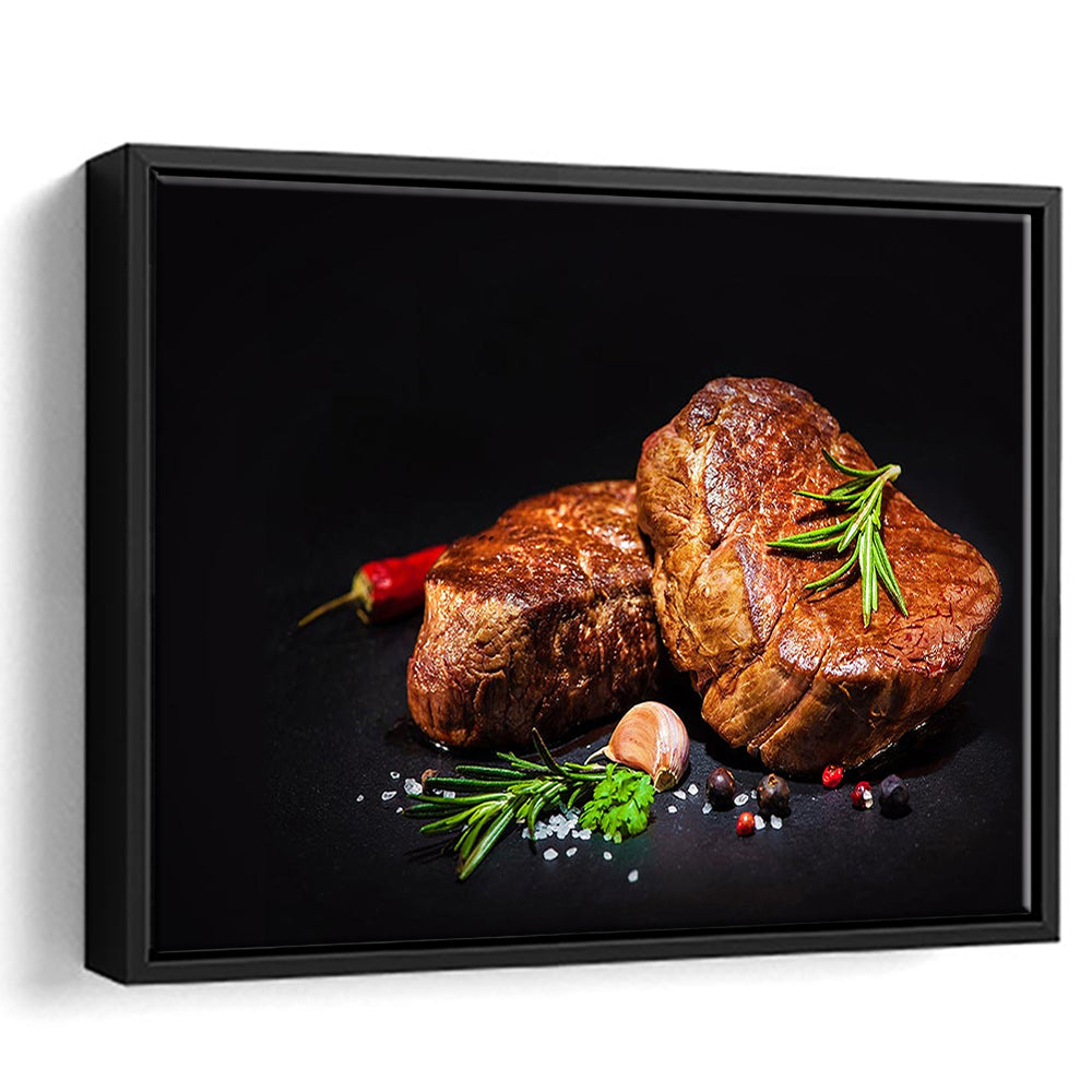 Steaks With Spices On A Black Background, Kitchen Wall Art, Food Canvas Print, Framed Cavas Print, Floating Frame