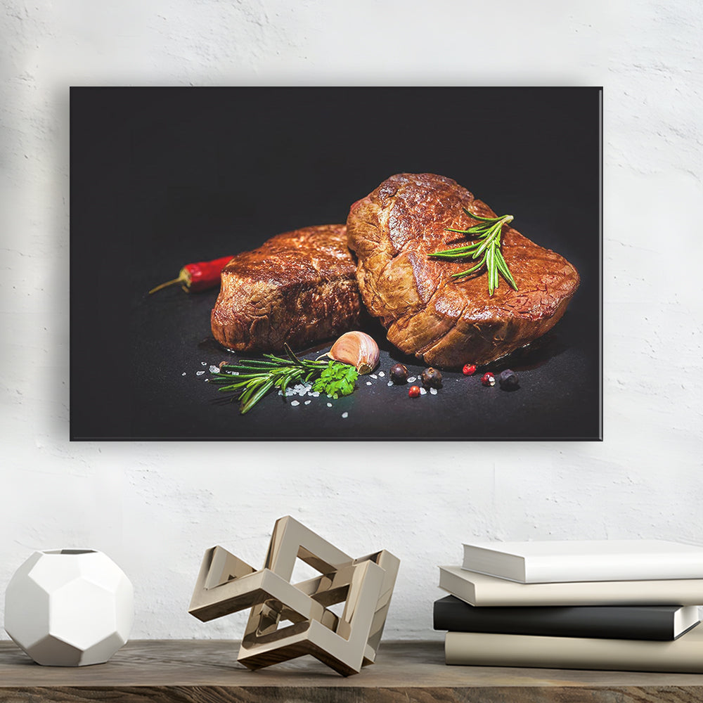 Steaks with Spices on a Black Background, Kitchen Wall Art, Food Canvas Print, Cavas Print Wall Art Hom Decor