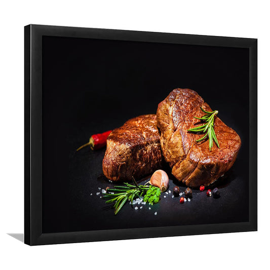 Steaks With Spices On A Black Background, Kitchen Wall Art, Food Art Prints, Framed Art Print, Picture Framed