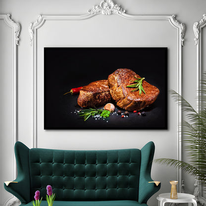 Steaks With Spices On A Black Background, Kitchen Wall Art, Food Art Prints, Framed Art Print, Picture Framed