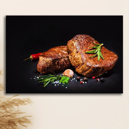 Steaks with Spices on a Black Background, Kitchen Wall Art, Food Canvas Print, Cavas Print Wall Art Hom Decor