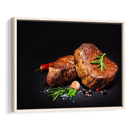 Steaks With Spices On A Black Background, Kitchen Wall Art, Food Canvas Print, Framed Cavas Print, Floating Frame