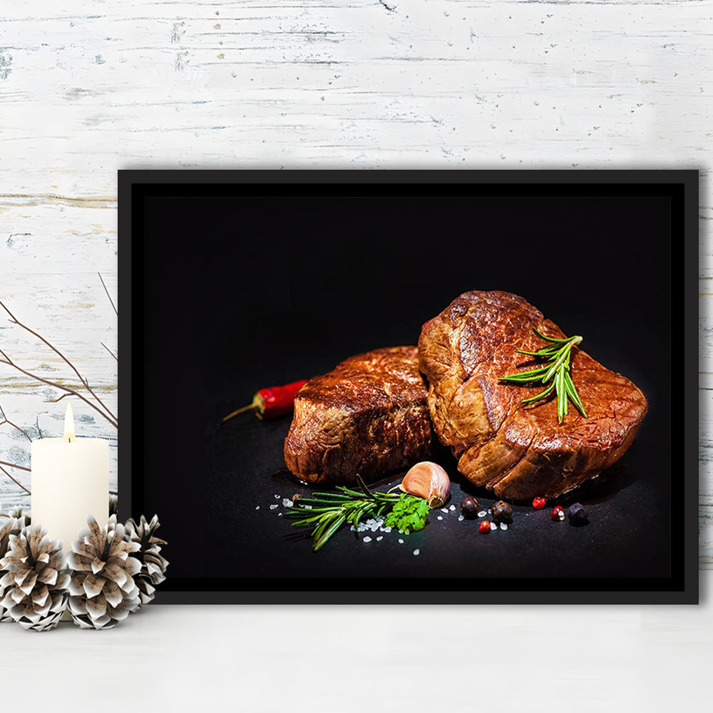 Steaks With Spices On A Black Background, Kitchen Wall Art, Food Canvas Print, Framed Cavas Print, Floating Frame