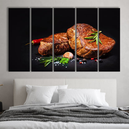 Steaks with Spices on a Black Background, Kitchen Wall Art, Food Canvas Print, 5 Piece B Extra Large Cavas Print Wall Art