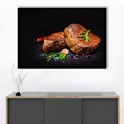 Steaks With Spices On A Black Background, Kitchen Wall Art, Food Art Prints, Framed Art Print, Picture Framed