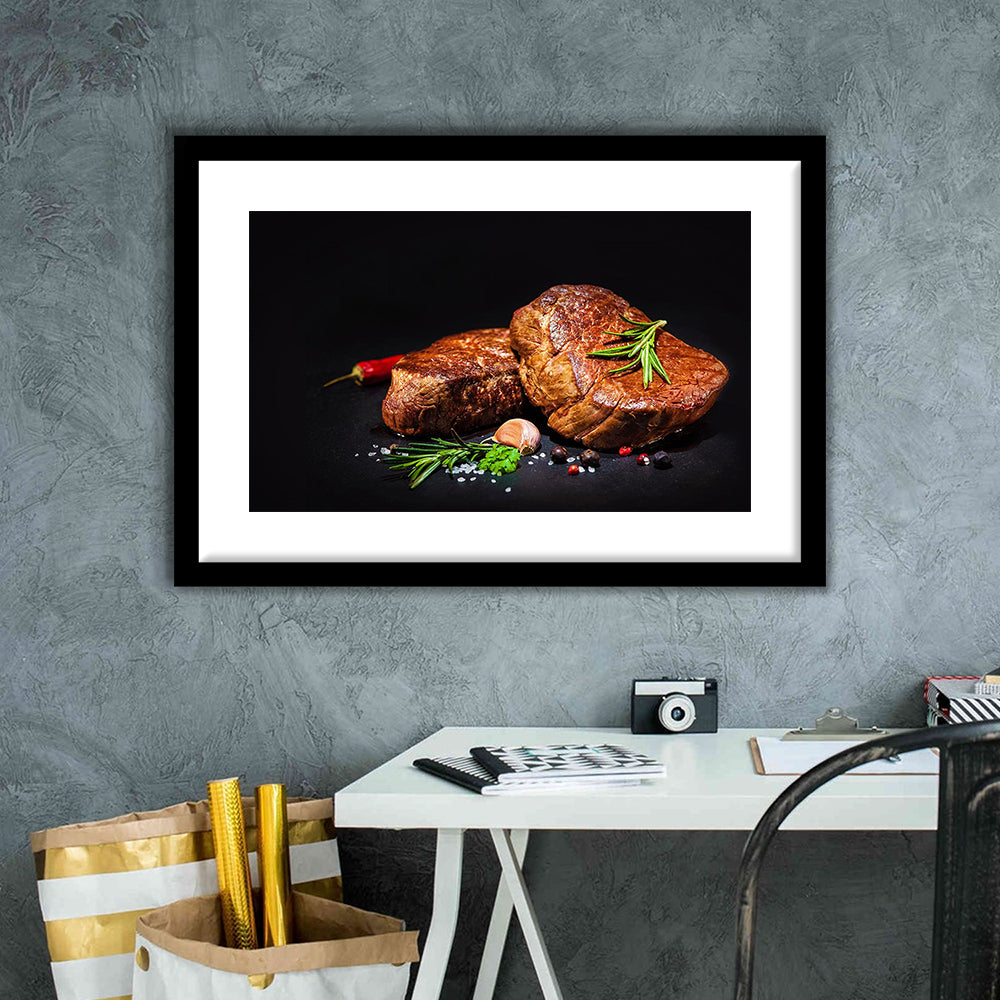Steaks With Spices On A Black Background, Kitchen Wall Art, Food Art Print, Framed Art Print White Border