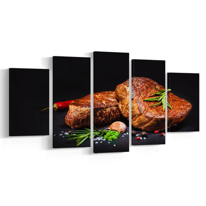 Steaks with Spices on a Black Background, Kitchen Wall Art, Food Canvas Print, 5 Piece Large Cavas Print Wall Art