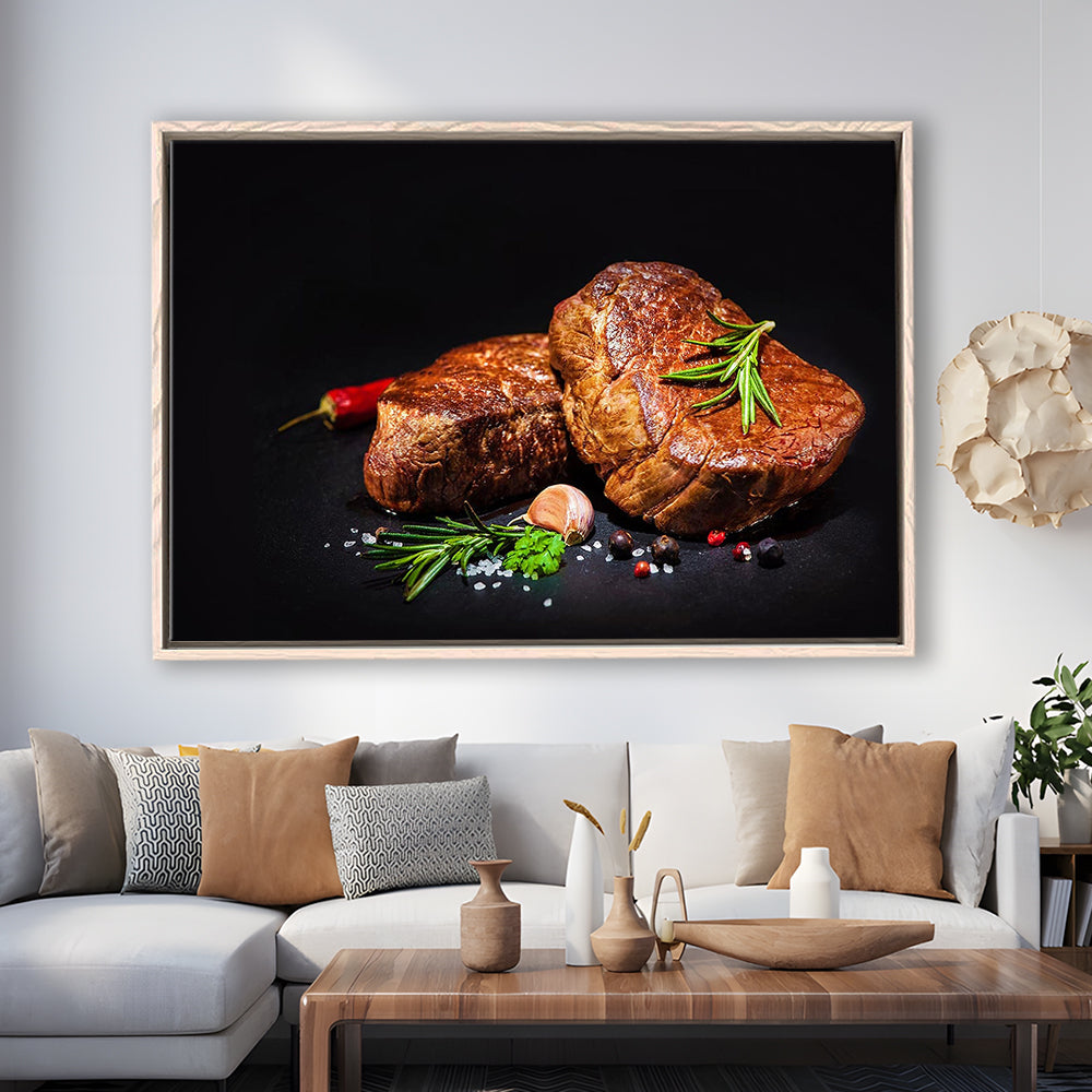 Steaks With Spices On A Black Background, Kitchen Wall Art, Food Canvas Print, Framed Cavas Print, Floating Frame