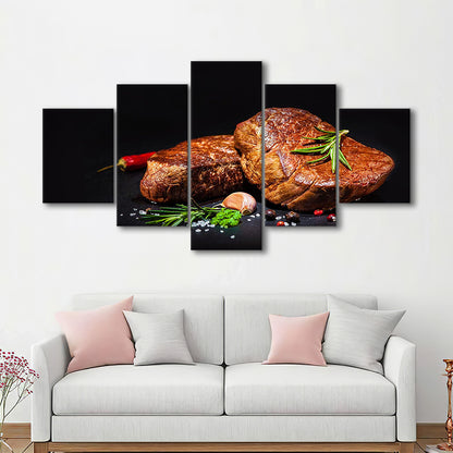 Steaks with Spices on a Black Background, Kitchen Wall Art, Food Canvas Print, 5 Piece Large Cavas Print Wall Art