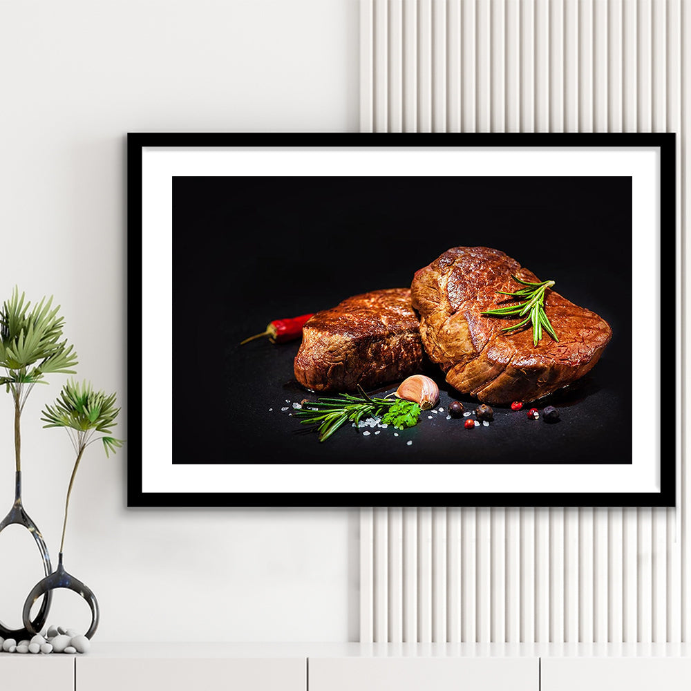 Steaks With Spices On A Black Background, Kitchen Wall Art, Food Art Print, Framed Art Print White Border