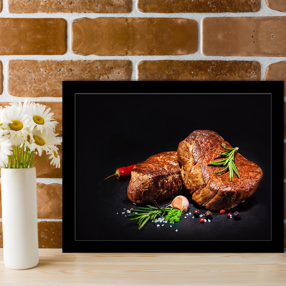 Steaks With Spices On A Black Background, Kitchen Wall Art, Food Art Prints, Framed Art Print, Picture Framed