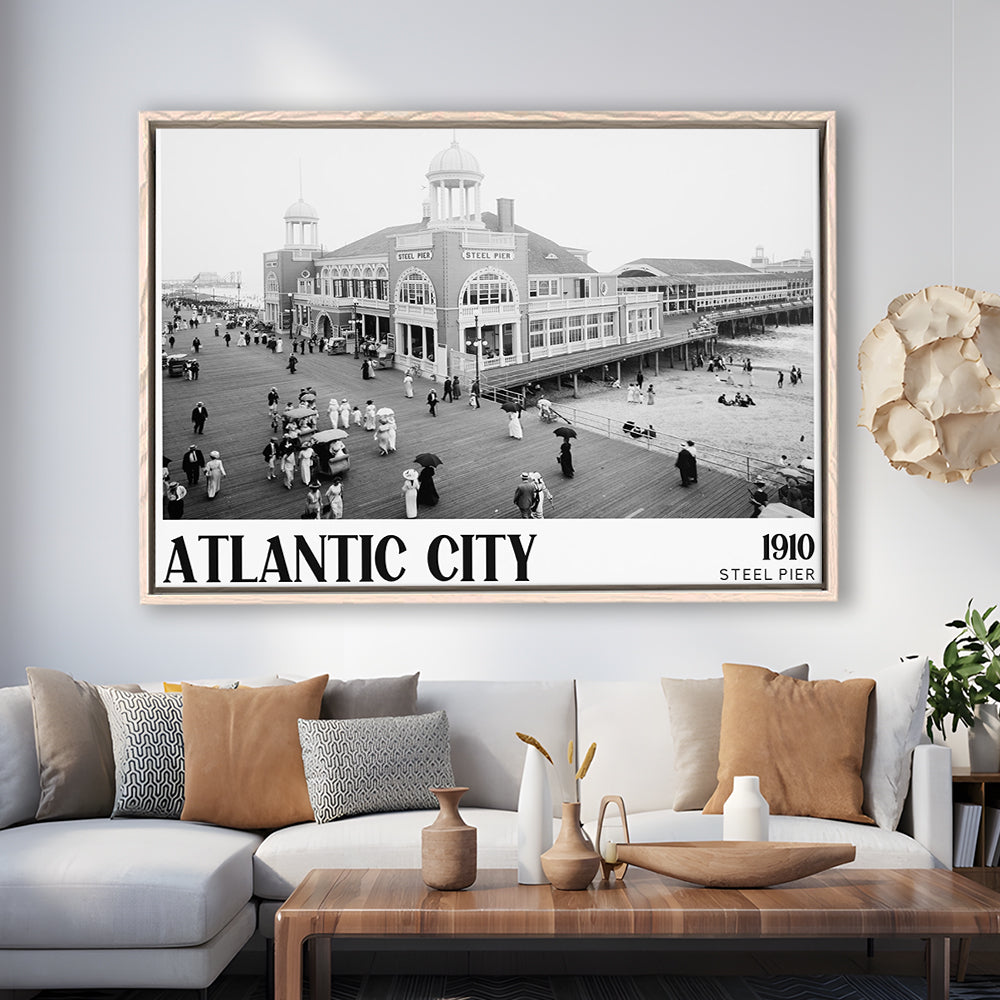 Steel Pier Atlantic City Black and White Art Victorian New Jersey, Floating Framed Canvas Print