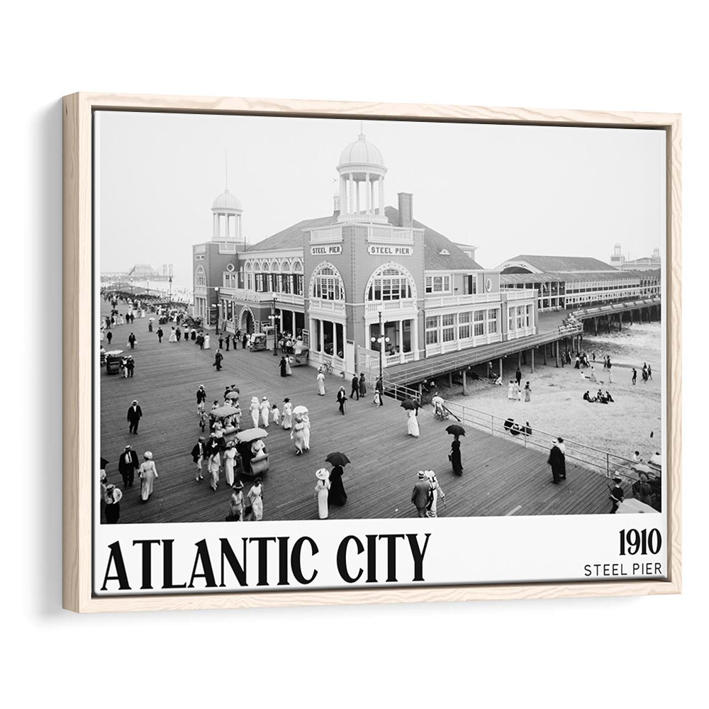 Steel Pier Atlantic City Black and White Art Victorian New Jersey, Floating Framed Canvas Print