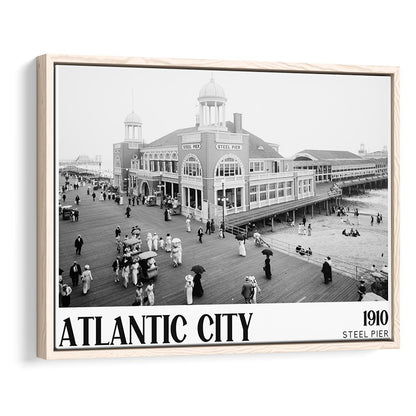 Steel Pier Atlantic City Black and White Art Victorian New Jersey, Floating Framed Canvas Print