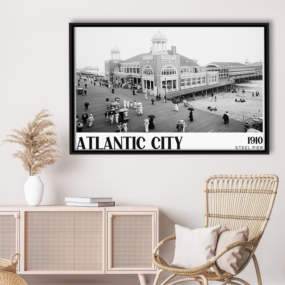 Steel Pier Atlantic City Black and White Art Victorian New Jersey, Floating Framed Canvas Print