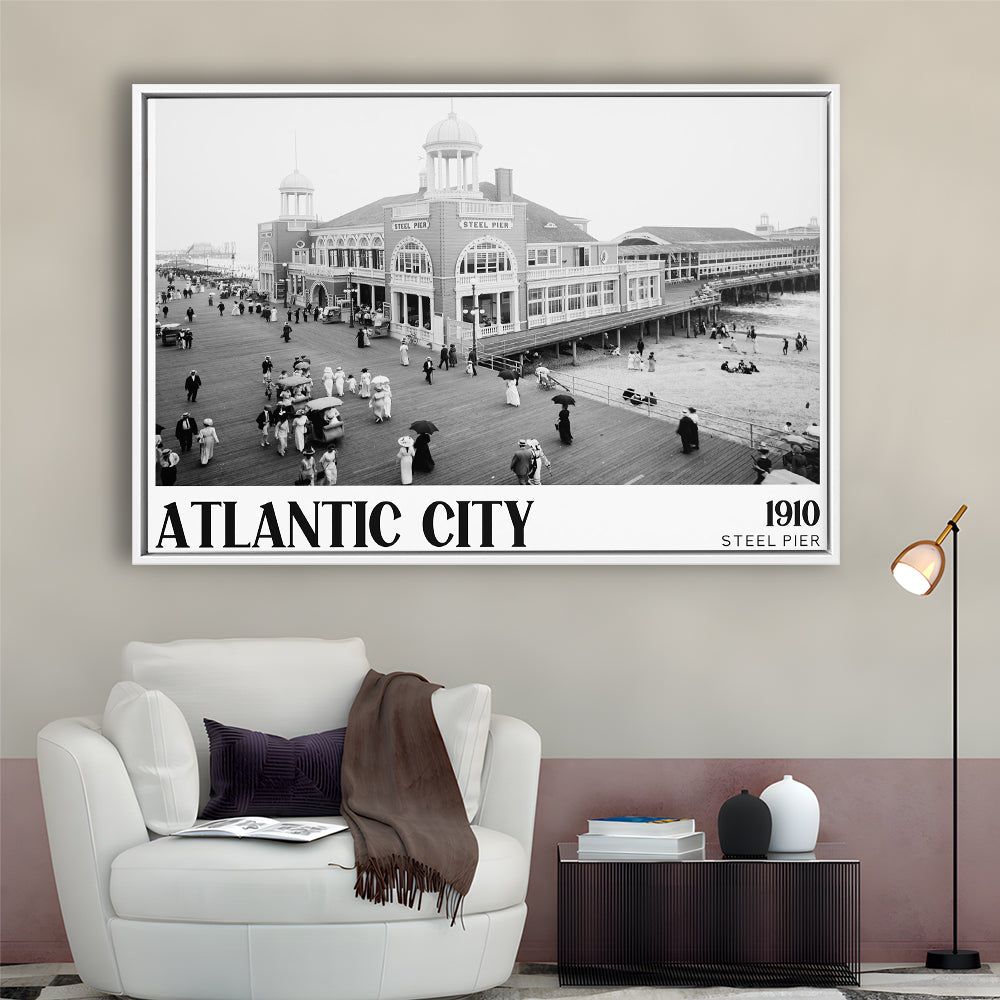 Steel Pier Atlantic City Black and White Art Victorian New Jersey, Floating Framed Canvas Print