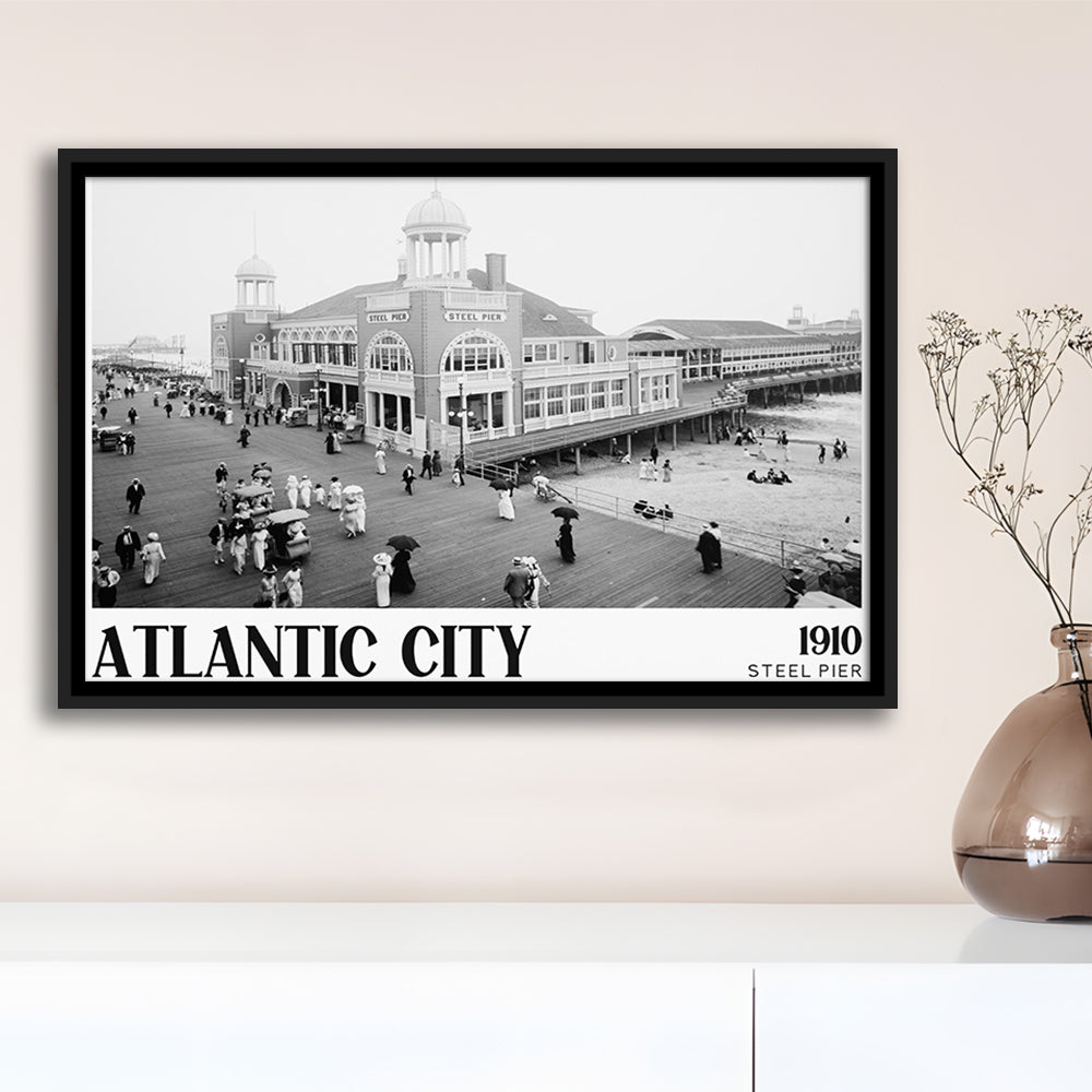 Steel Pier Atlantic City Black and White Art Victorian New Jersey, Floating Framed Canvas Print