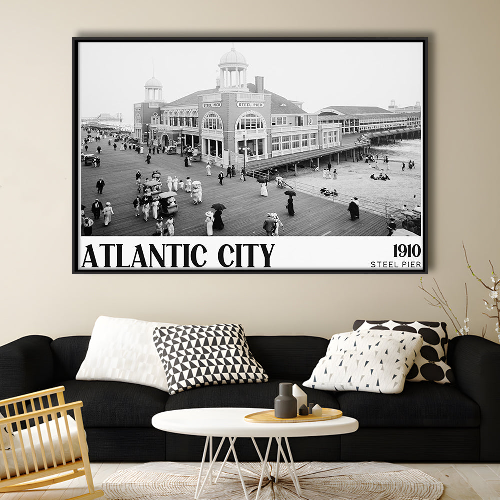 Steel Pier Atlantic City Black and White Art Victorian New Jersey, Floating Framed Canvas Print