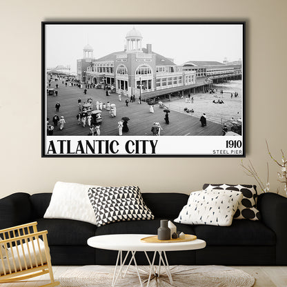 Steel Pier Atlantic City Black and White Art Victorian New Jersey, Floating Framed Canvas Print