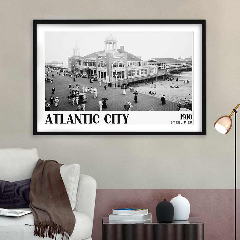 Steel Pier Atlantic City Black and White Art Victorian New Jersey, Framed Art Print White Border Wall Decor