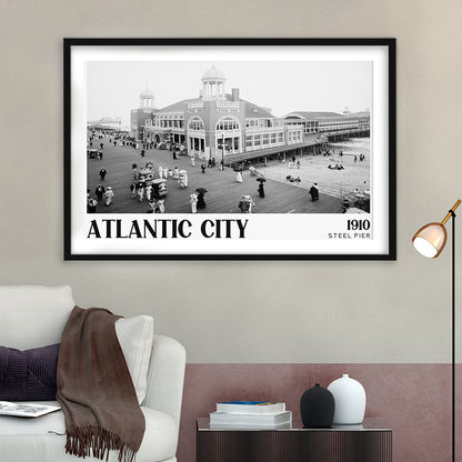 Steel Pier Atlantic City Black and White Art Victorian New Jersey, Framed Art Print White Border Wall Decor