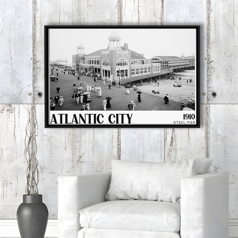 Steel Pier Atlantic City Black and White Art Victorian New Jersey, Floating Framed Canvas Print