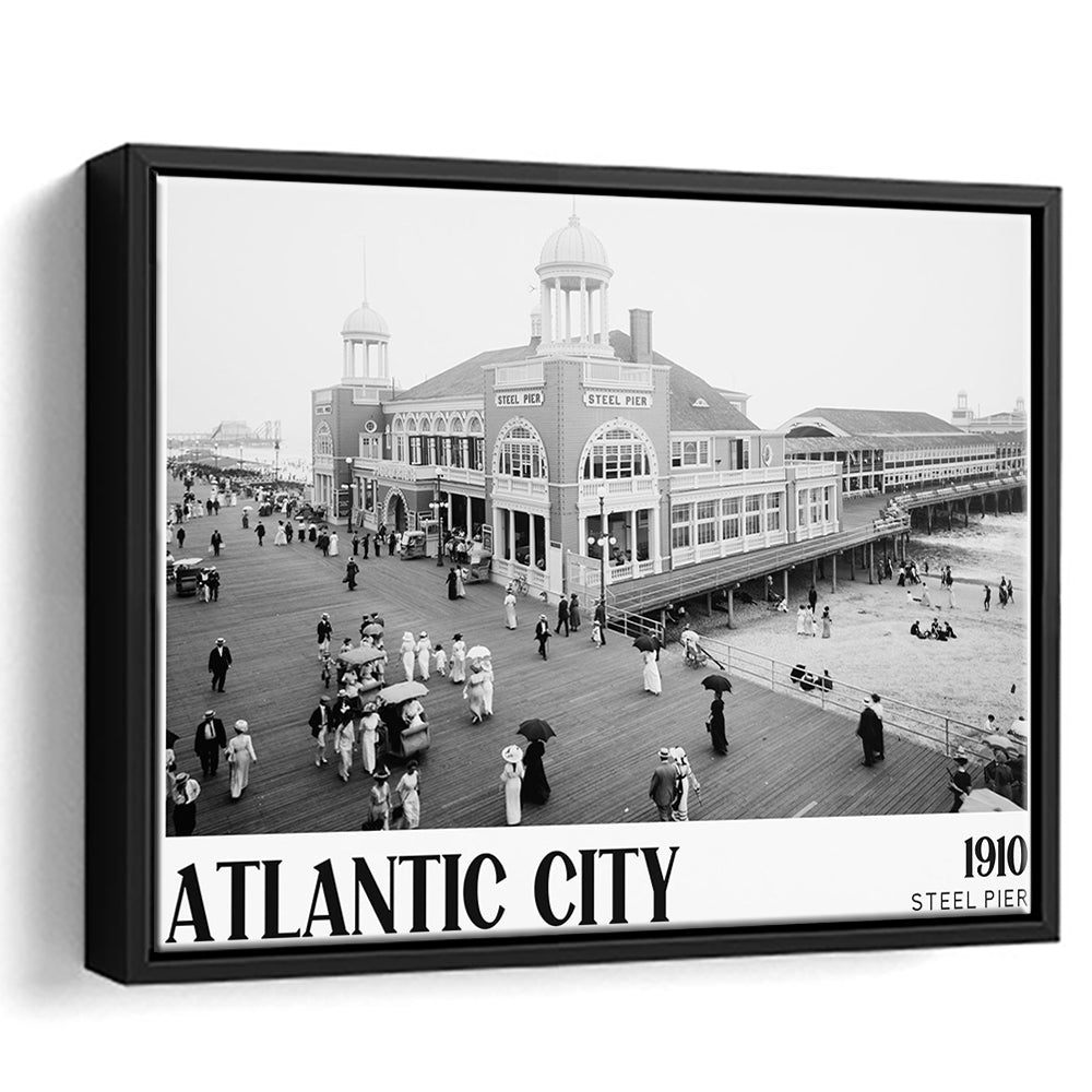 Steel Pier Atlantic City Black and White Art Victorian New Jersey, Floating Framed Canvas Print
