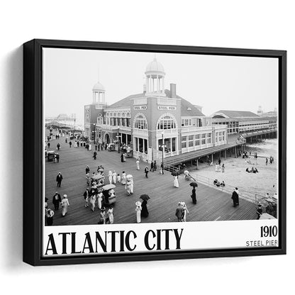 Steel Pier Atlantic City Black and White Art Victorian New Jersey, Floating Framed Canvas Print