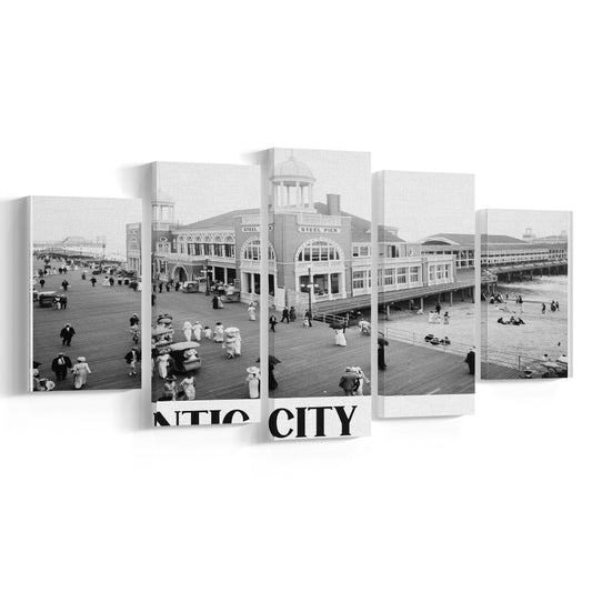 Steel Pier Atlantic City Black and White Art Victorian New Jersey, Mixed 5 Pieces Canvas Print