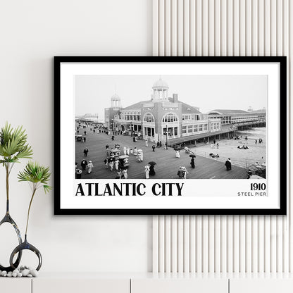 Steel Pier Atlantic City Black and White Art Victorian New Jersey, Framed Art Print White Border Wall Decor