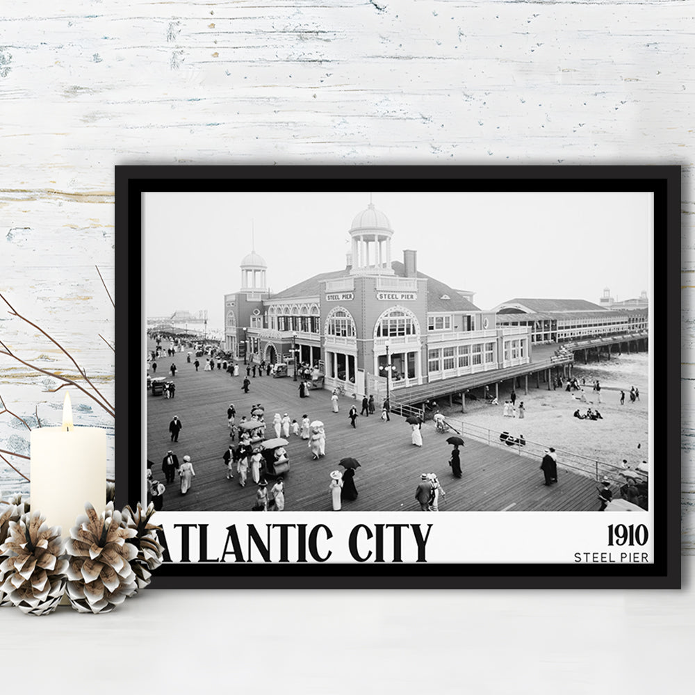 Steel Pier Atlantic City Black and White Art Victorian New Jersey, Floating Framed Canvas Print