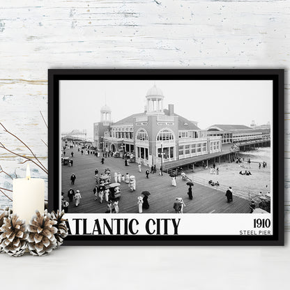 Steel Pier Atlantic City Black and White Art Victorian New Jersey, Floating Framed Canvas Print