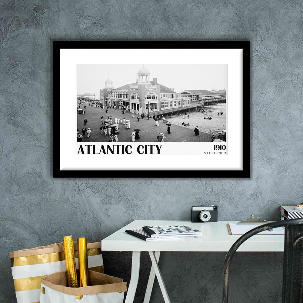 Steel Pier Atlantic City Black and White Art Victorian New Jersey, Framed Art Print White Border Wall Decor