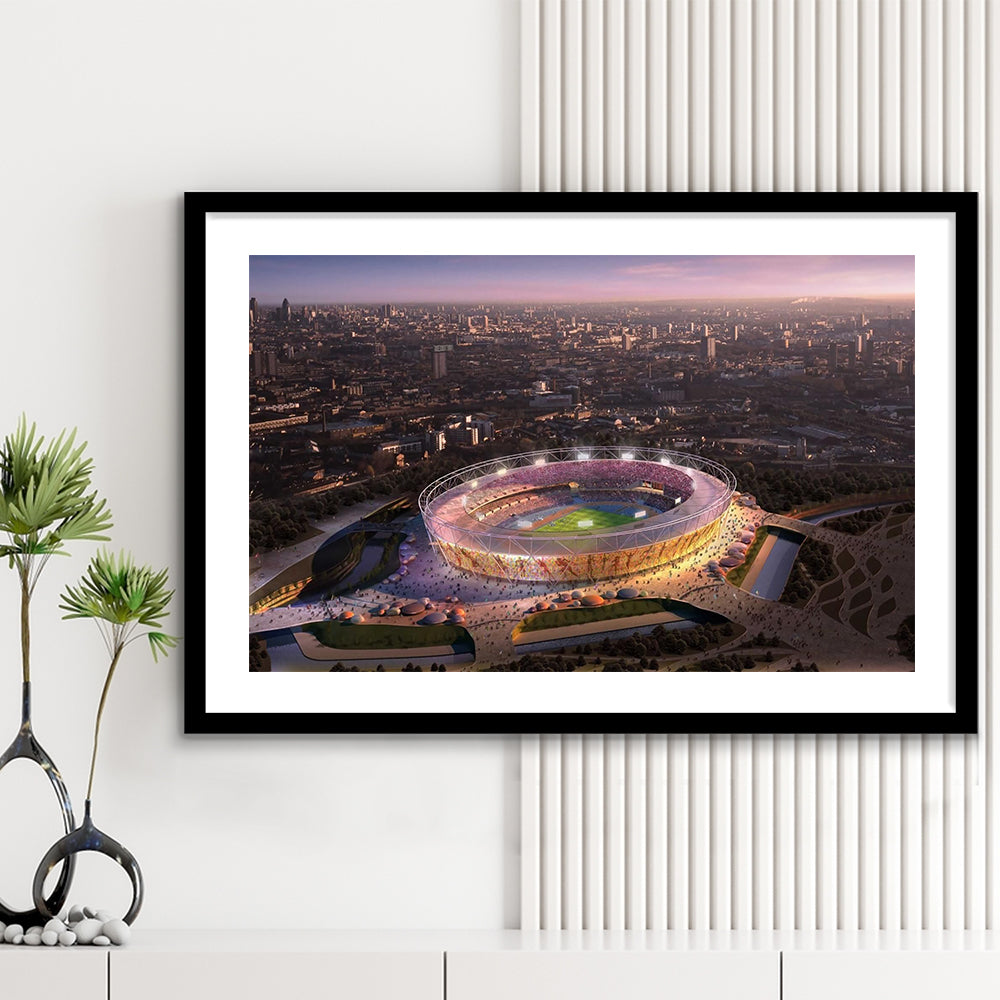 Stratford Olympic Stadium, Stadium Canvas, Sport Art, Gift for him, White Border Framed Art Print Wall Decor