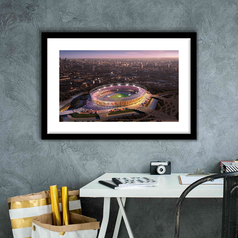 Stratford Olympic Stadium, Stadium Canvas, Sport Art, Gift for him, White Border Framed Art Print Wall Decor