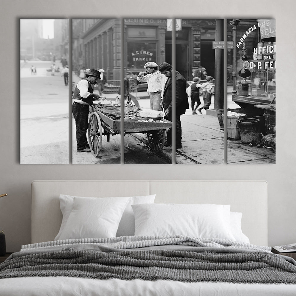 Street Food New York City Black and White Art, 5 Pieces Large Canvas Print
