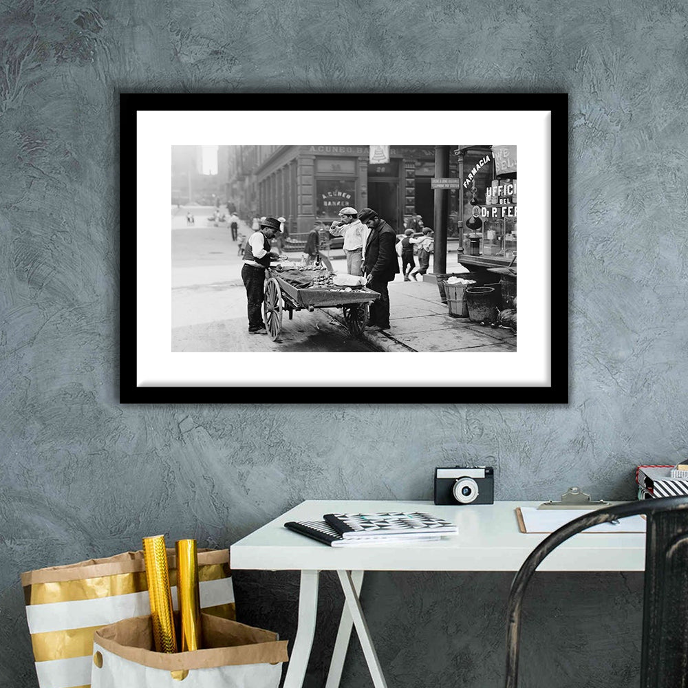 Street Food New York City Black and White Art, Framed Art Print White Border Wall Decor