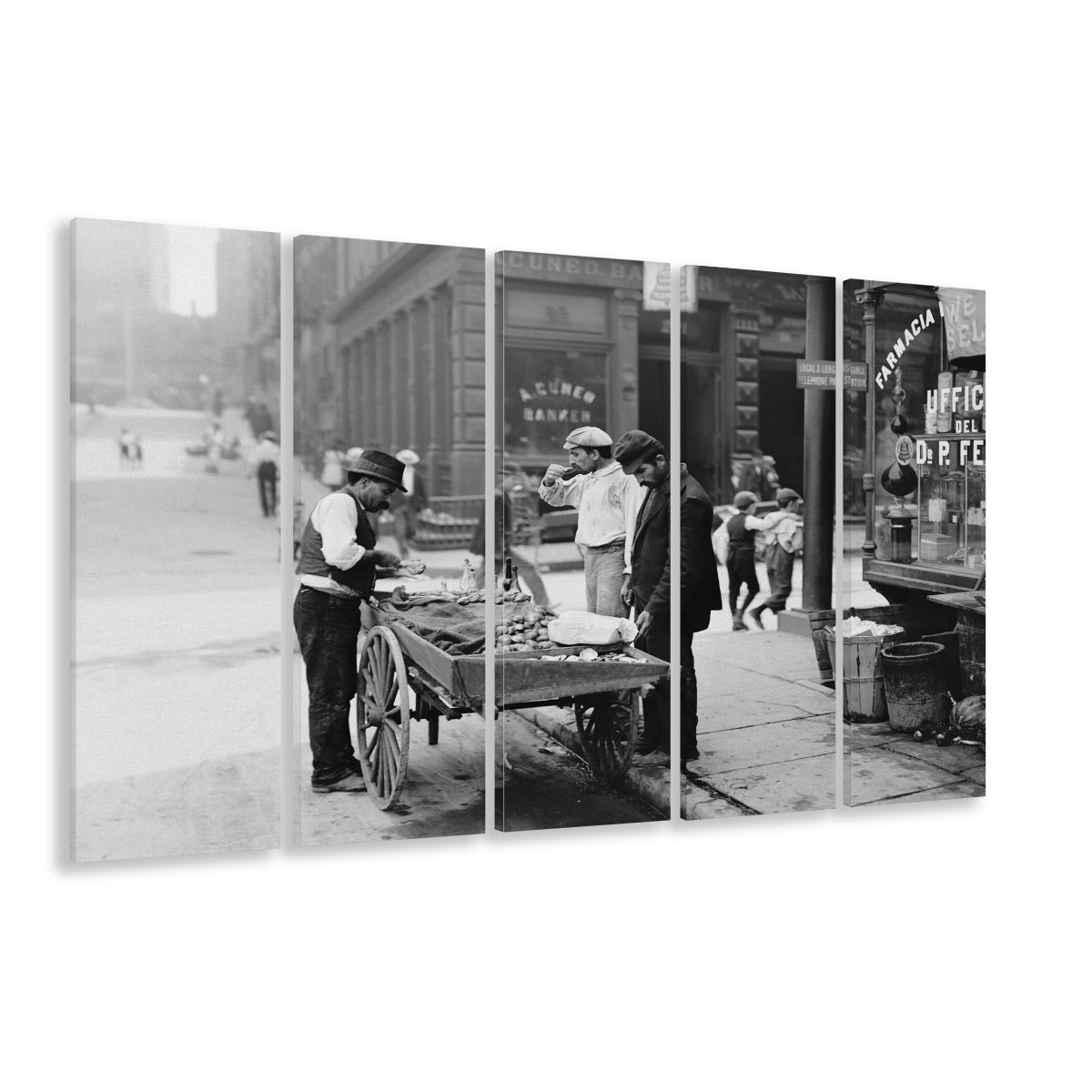 Street Food New York City Black and White Art, 5 Pieces Large Canvas Print