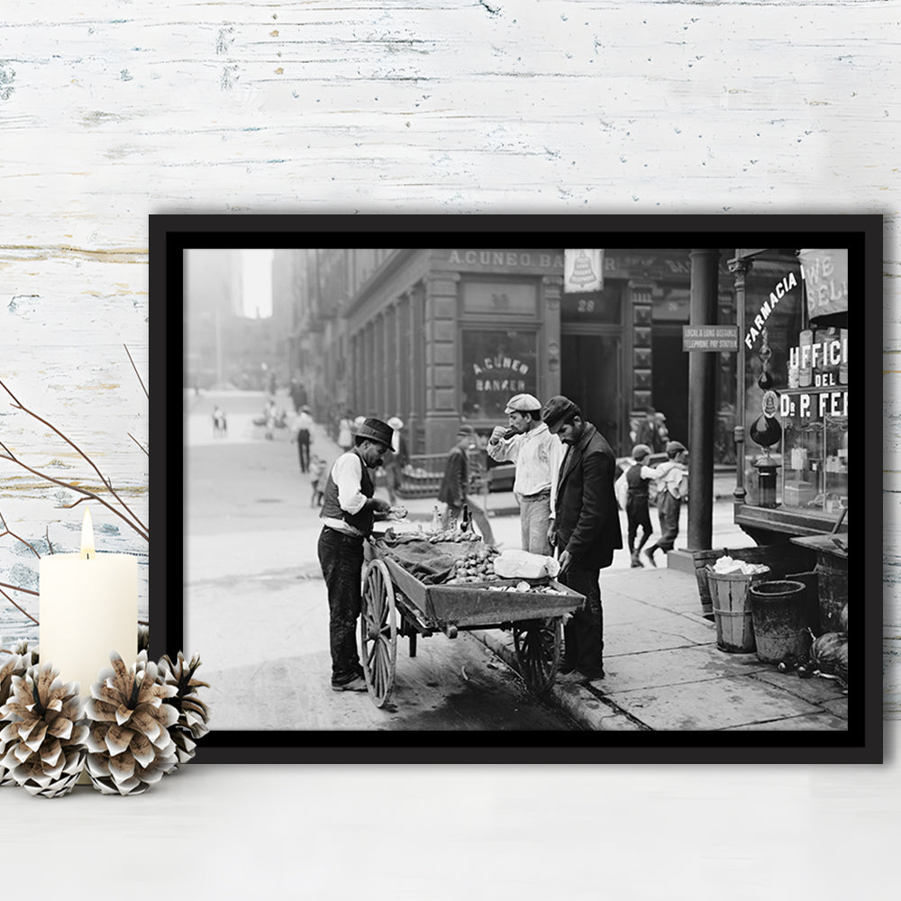 Street Food New York City Black and White Art, Floating Framed Canvas Print