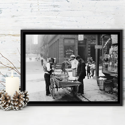 Street Food New York City Black and White Art, Floating Framed Canvas Print