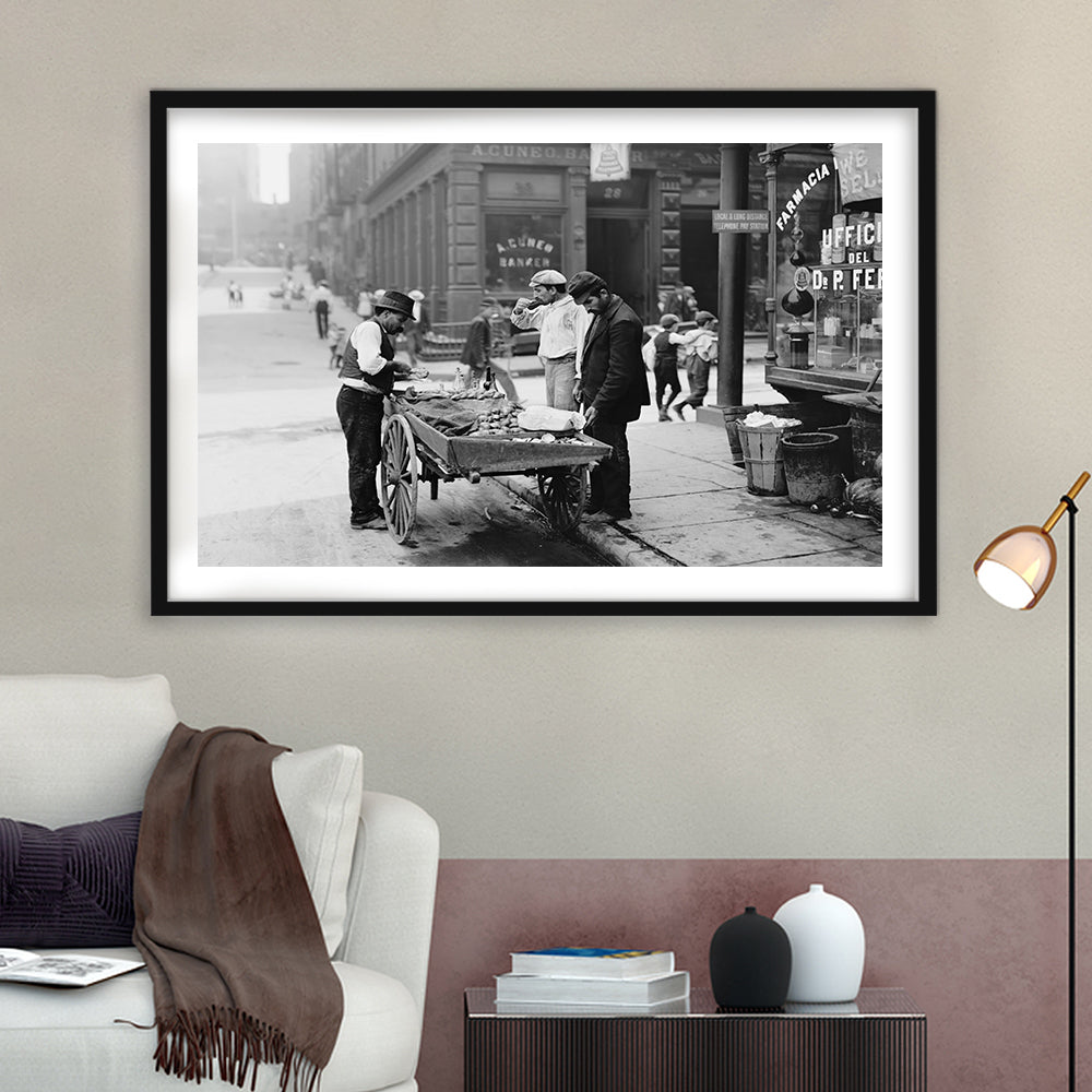 Street Food New York City Black and White Art, Framed Art Print White Border Wall Decor